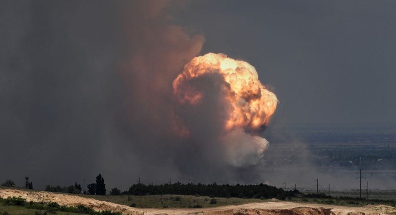 A detonation of ammunition caused by a fire at a military training field in the Kirovsky district of Crimea on July 19, 2023.VIKTOR KOROTAYEV via Getty Images