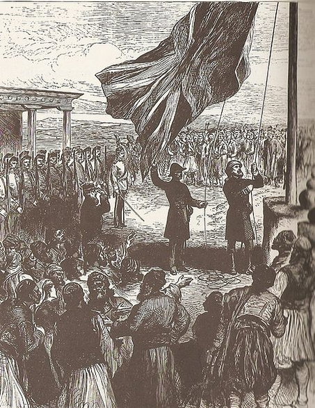Zawieszenie brytyjskiej flagi w Nikozji, 1878 rok, źródło - Illustrated London News, domena publiczna