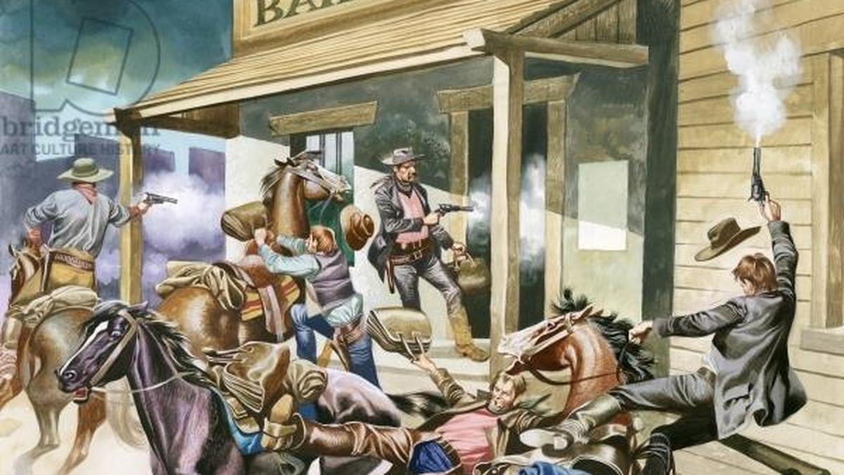 Bank robbery taking place in the Wild West.