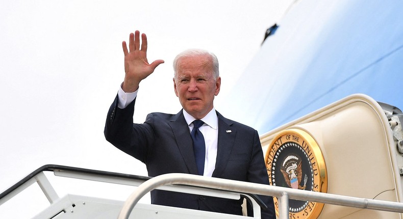 President Joe Biden boards Air Force One before departing from Tulsa International Airport in Tulsa, Oklahoma, on June 1, 2021.
