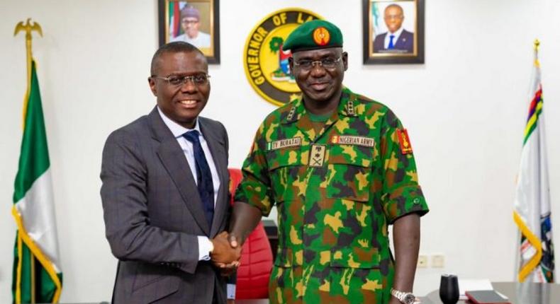 Army Chief Buratai pays a courtesy visit to Lagos Governor Sanwo-Olu in his office in 2019 (Lagos govt)