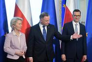 Przewodnicząca Komisji Europejskiej Ursula von der Leyen, prezydent Andrzej Duda i premier Mateusz Morawiecki 