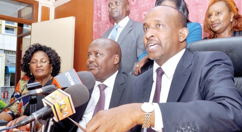 Leader of majority in parliament Aden Duale (right) alongside Tiaty MP Asman Kamama and other Jubilee parliamentarians during a past press conference.