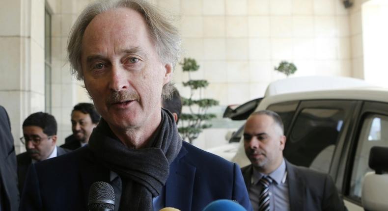 United Nations Special Envoy for Syria Geir Pedersen speaks to the press upon his arrival in the capital Damascus on March 17, 2019