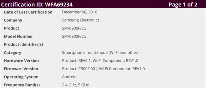 Samsung Galaxy C9 Pro SM-C900F dostał certyfikat od Wi-Fi Alliance