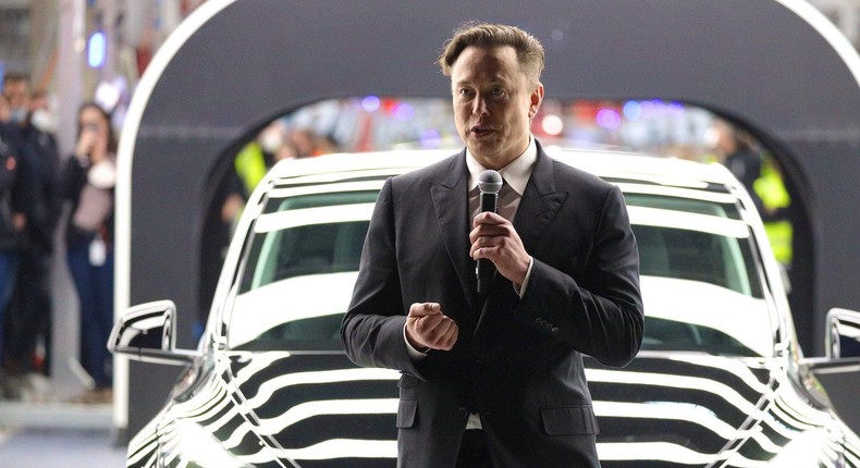 Elon Musk speaks during the official opening of the new Tesla electric car manufacturing plant in Germany on March 22, 2022.