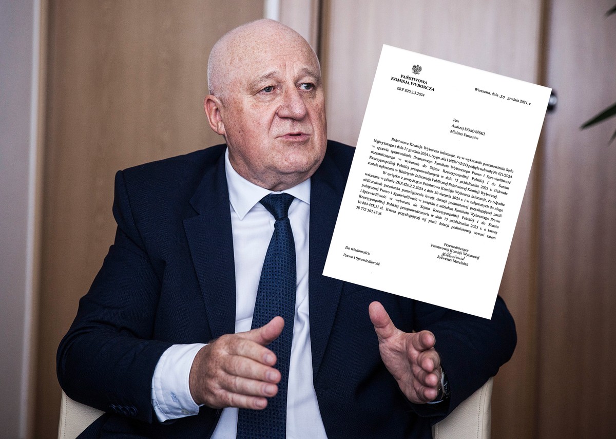 Na zdjęciu przewodniczący PKW Sylwester Marciniak i jego pismo do ministra finansów Andrzeja Domańskiego