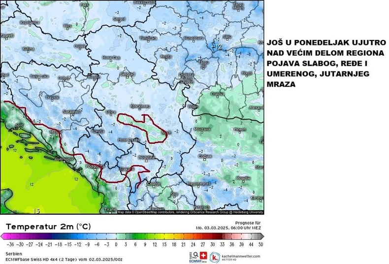 Mapa vremenske prognoze u ponedeljak 3. marta