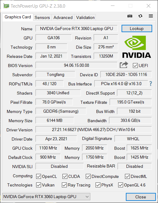 Hyperbook Pulsar V15 – GPU-Z – specyfikacja Nvidia GeForce RTX 3060 Laptop GPU [130W] po podniesienu taktowania GPU i VRAM 
