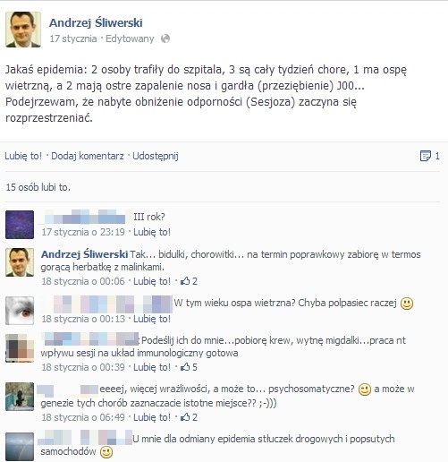 Wpis wykładowcy na Facebooku