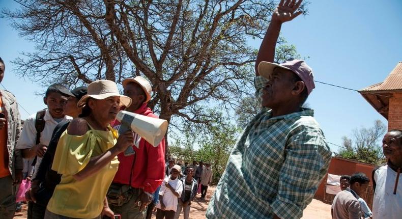 Soamahamanina residents protest the presence of the Jiuxing Chinese mining company, near the mining site in central Madagascar, on October 6, 2016