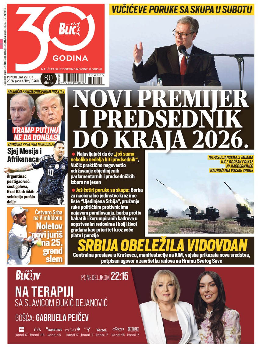 Blic naslovna strana za 29.6.