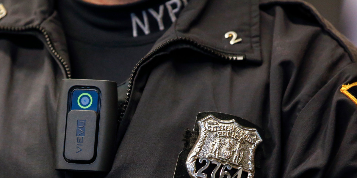 A police body camera on an officer during a news conference on the pilot program involving 60 NYPD officers on December 3, 2014.