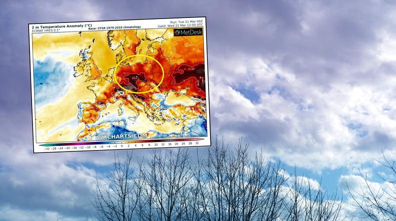 W środę temperatura na południowym zachodzie sięgnie aż 18 st. C (mapa: wxcharts.com)