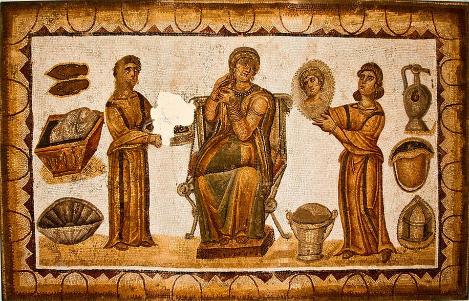 Starożytna rzymska mozaika przedstawiająca niewolnice pomagające swej pani.