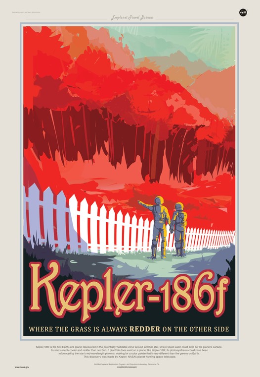 Plakat NASA nawiązujący do odkrycia egzoplanety Kepler-186f — podobnie jak Ziemia krążącej wokół swojej macierzystej gwiazdy w odległości, która pozwala na powstanie życia.