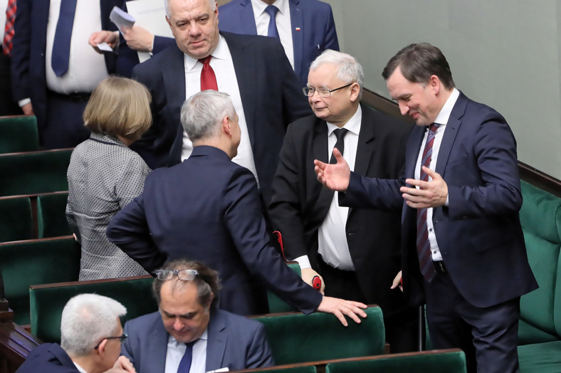 Zbigniew Ziobro i Jarosław Kaczyński w Sejmie, 2019 r.