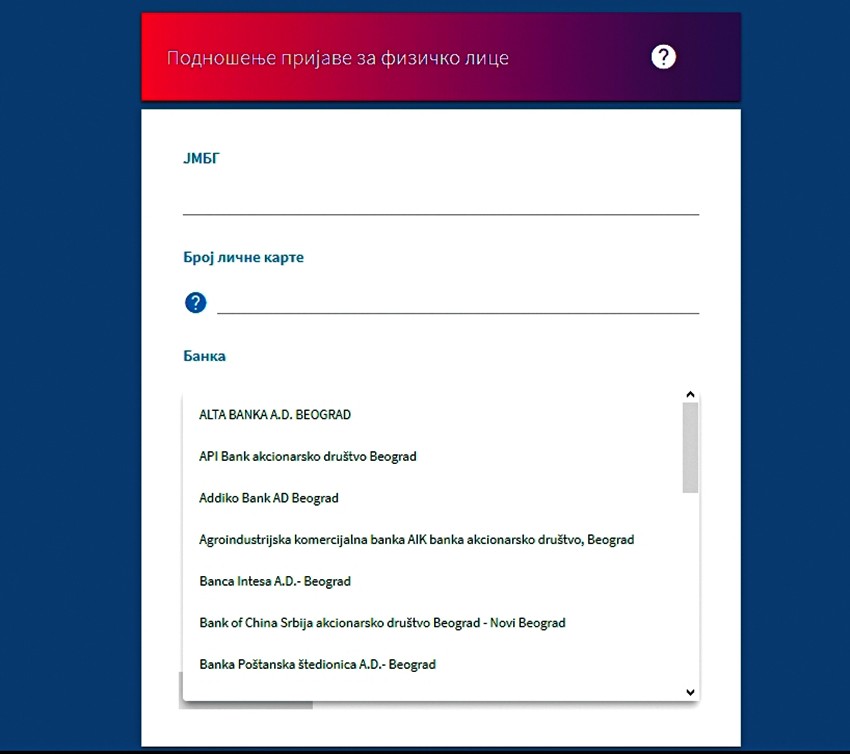 Izbor banke iz padajućeg menija