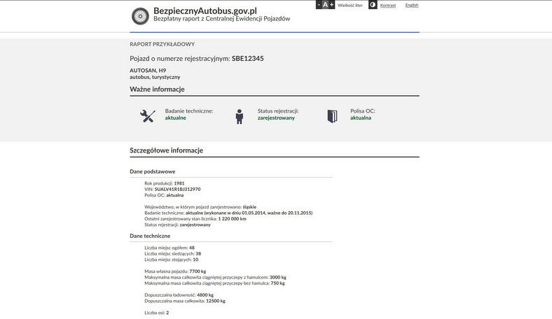 Przykładowy raport ze strony BezpiecznyAutobus.gov.pl