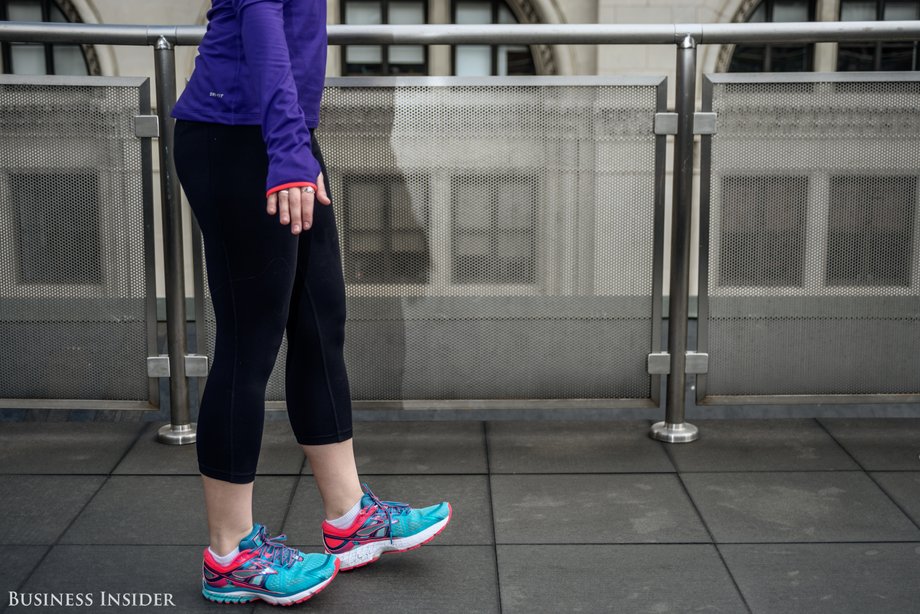 Next, take a walk on your heels. This will work the muscles in the front of the shin. Try walking the length of a hallway and back, and make sure you don't hunch over.