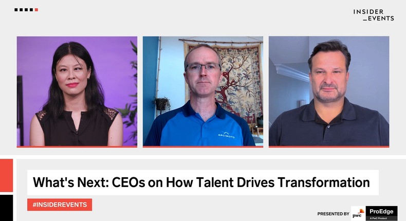 Insider's Karen Ho interviews Mark Frohnmayer, founder and president of electric-vehicles maker Arcimoto (c) and Are Traasdahl, CEO at Crisp, a food-supply analytics software platform.
