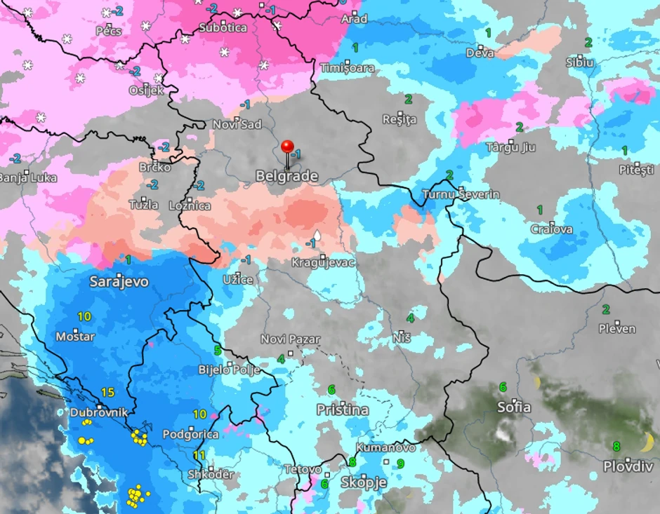 Kretanje padavina u ponedeljak u Srbiji u 21 čas