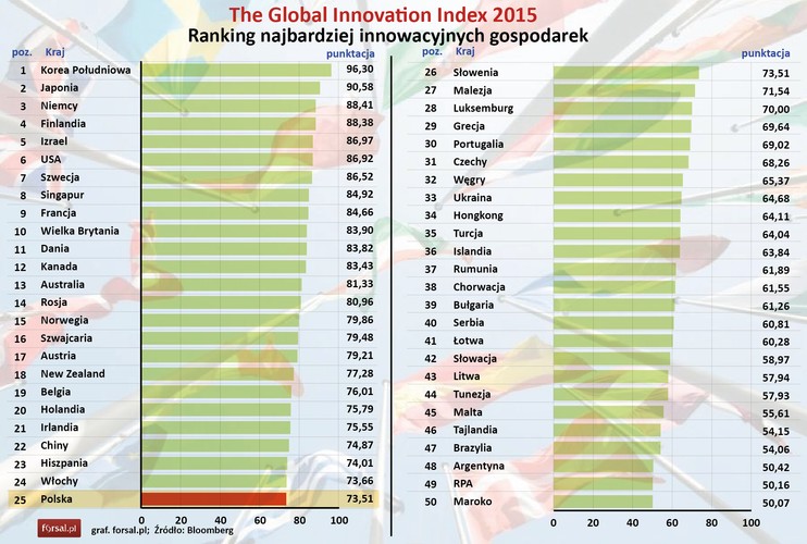 Na 25 pozycję Polski w rankingu Bloomberga złożyły się wyniki z 6 kategorii o identycznej wadze:<br>1. badania i rozwój,<br>2. produkcja,<br>3. firmy high-tech,<br>4. edukacja,<br>5. personel naukowy,<br>6. system patentowy.<br>Zobacz jakie pozycje Polska zajęła w poszczególnych kategoriach Global Innovation Index 2015.