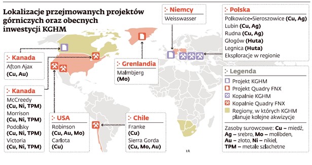 Lokalizacje przejmowanych projektów górniczych oraz obecnych inwestycji KGHM