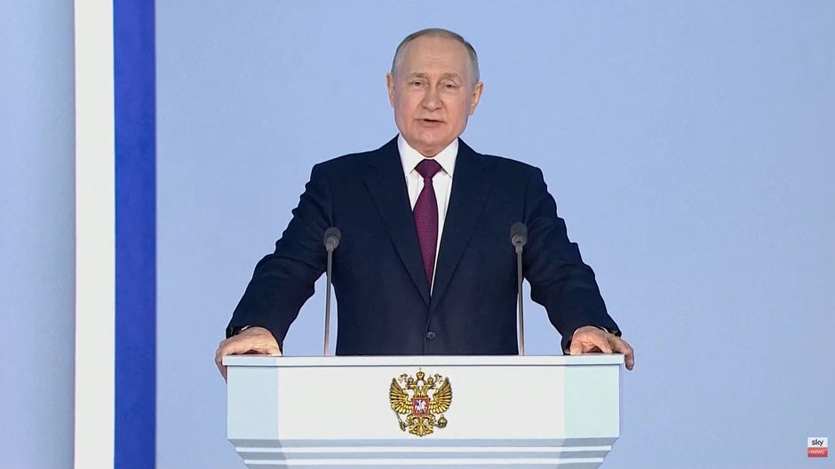 Władimir Putin podczas swojego przemówienia 21 lutego 2023 r. 