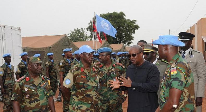 (File photo) President Mahama interacting with the commandant and other senior officials of the Ghanaian contingent in Mali