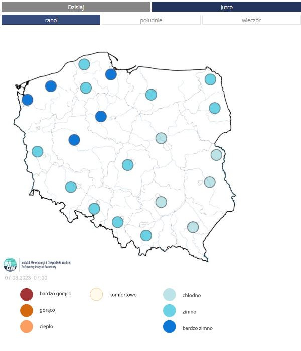 Biomet na 7 marca. Na mapie: subiektywne odczucie termiczne