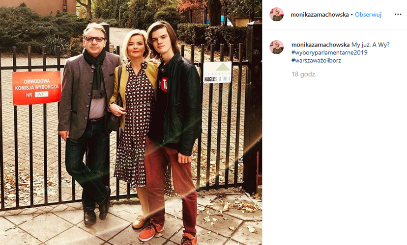 Zbigniew Zamachowski i Monika Zamachowska z synem na wyborach