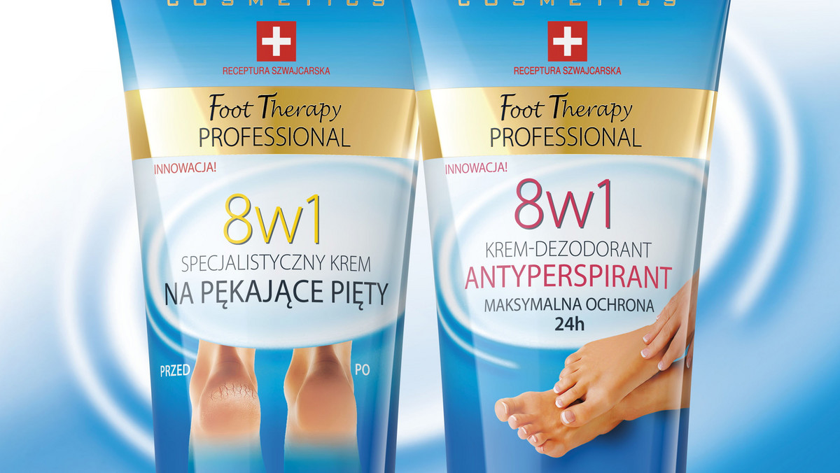 Eveline Cosmetics oferuje dwa wielozadaniowe kosmetyki do stóp linii Foot Therapy Professional, które znakomicie pielęgnują stopy i przygotowują je do lata. SPECJALISTYCZNY KREM NA PĘKAJĄCE PIĘTY 8 w 1 przeciwdziała rogowaceniu skóry, ogranicza pękanie pięt, a także likwiduje zgrubienia naskórka. KREM-DEZODORANT ANTYPERSPIRANT 8 w 1 zapobiega poceniu i zapewnia suchość i świeżość stóp.