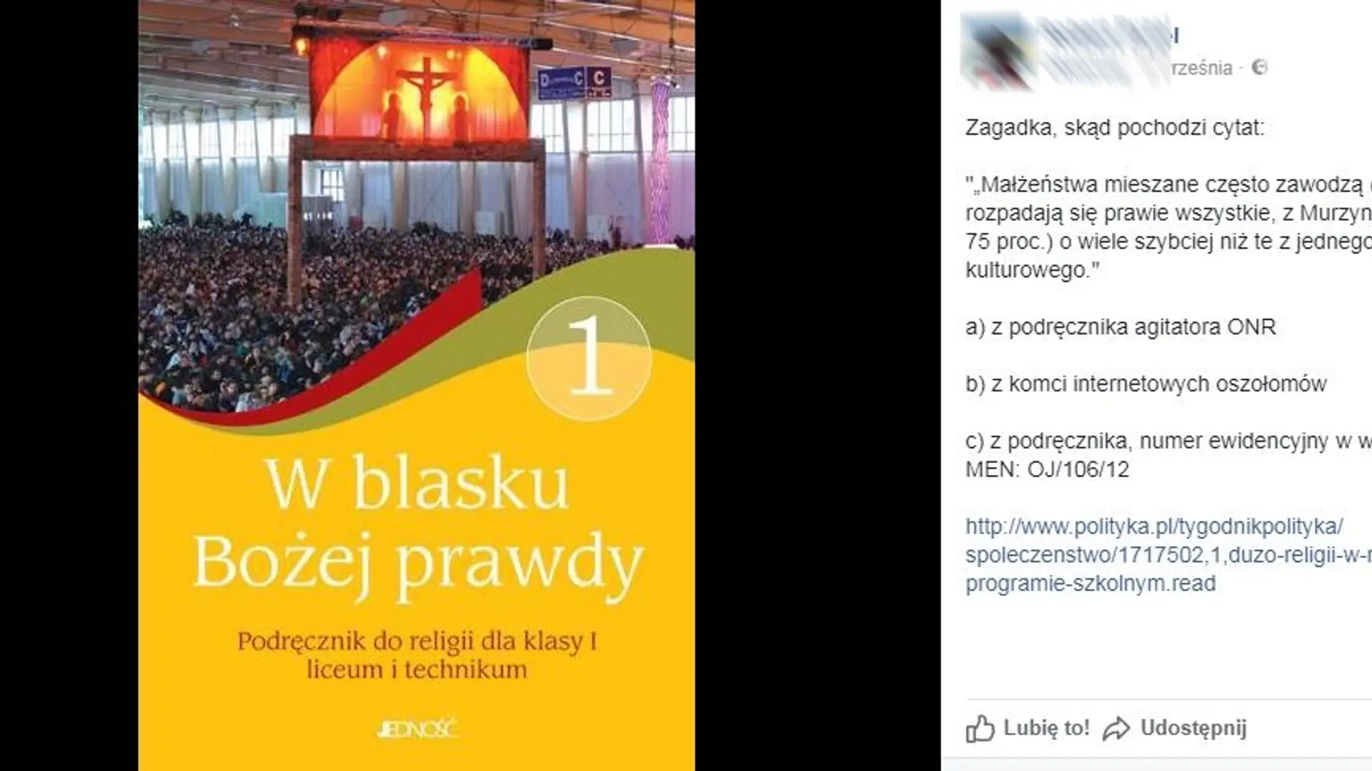 Twoje małżeństwo z Murzynem się rozpadnie. Rasistowski wpis w podręczniku do religii