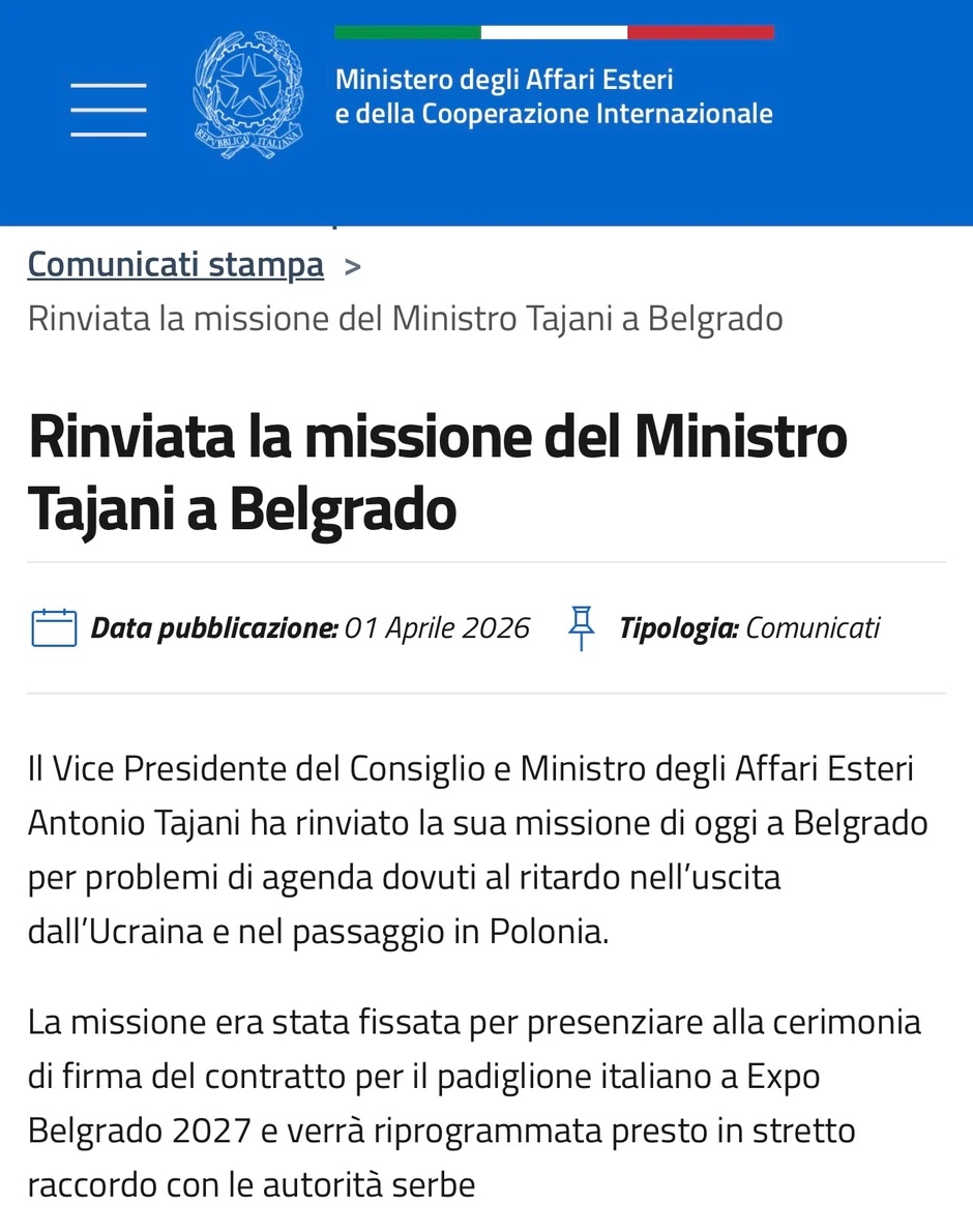 Objava o odlaganju posete italijanskog ministra Srbiji