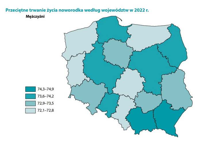 Średnia długości życia mężczyzn w 2022