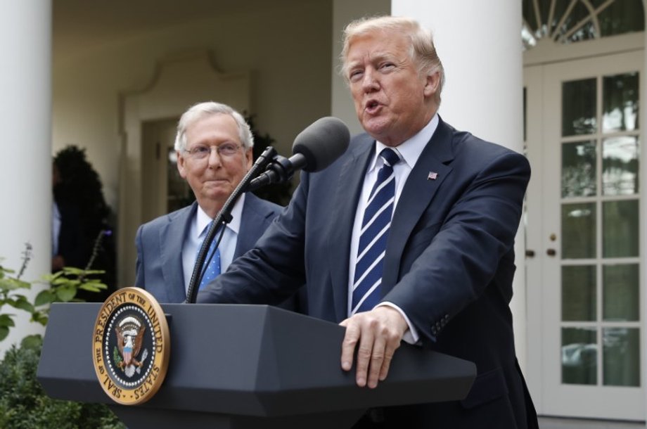 President Donald Trump and Senate Majority Leader Mitch McConnell during a press conference at the White House, October 16, 2017.