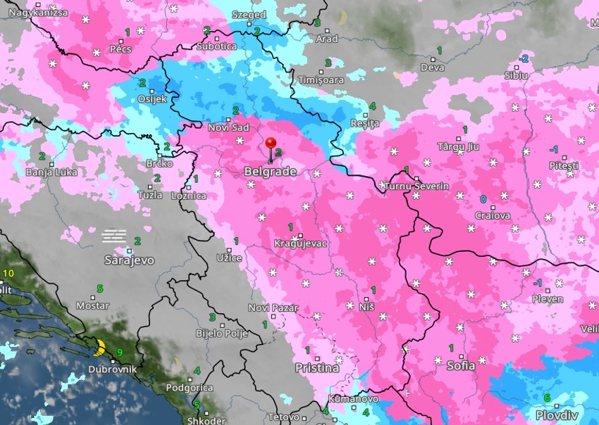 Kretanje kiše i snega u četvrtak u 5 časova