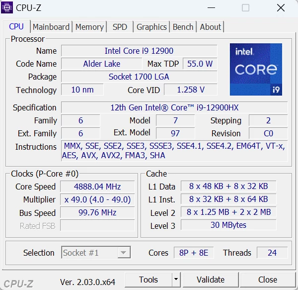 Lenovo Legion 7i (16IAX7) – CPU-Z – specyfikacja Intel Core i9-12900HX