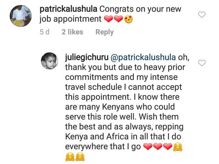 Julie tuns down state job (Instagram) 
