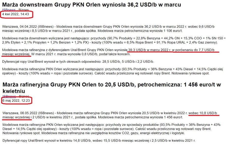 Depesze agencyjne o marżach rafineryjnych w Orlenie. Miesiąc temu dane były wyższe niż w obecnej wersji