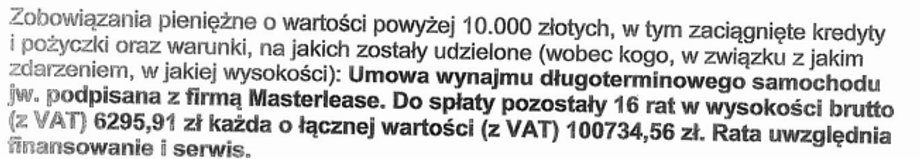 Fragment oświadczenia majątkowego obecnego marszałka Senatu. Dokument z dnia 9 września 2019 roku