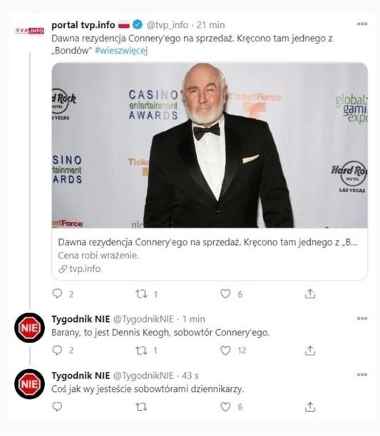 Telewizja Polska pomyliła Seana Connery'ego z jego dublerem