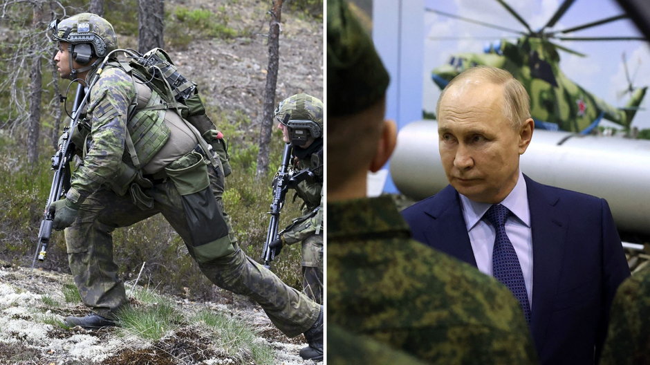 Po lewej: ćwiczenia fińskich żołnierzy, po prawej: prezydent Rosji Władimir Putin