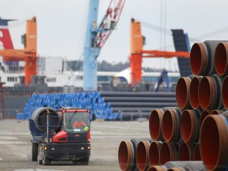 Rury, które zostaną wykorzystane do budowy gazociągu Nord Stream 2. Port Sassnitz, 8 lutego 2019 r.