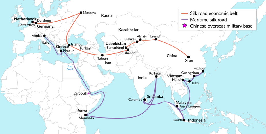 Chiński projekt Inicjatywy Pasa i Szlaku — droga morska i lądowa. Gwiazdką jest oznacza chińska baza wojskowa w Afryce