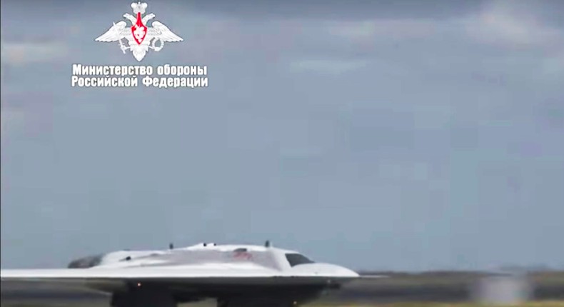 Russia's S-70 drone is seen taking off at an unidentified location in August 2019.Russian Defense Ministry Press Service via AP