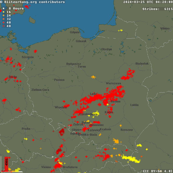 Wyładowania atmosferyczne w Polsce w czasie ostatnich 48 godzin