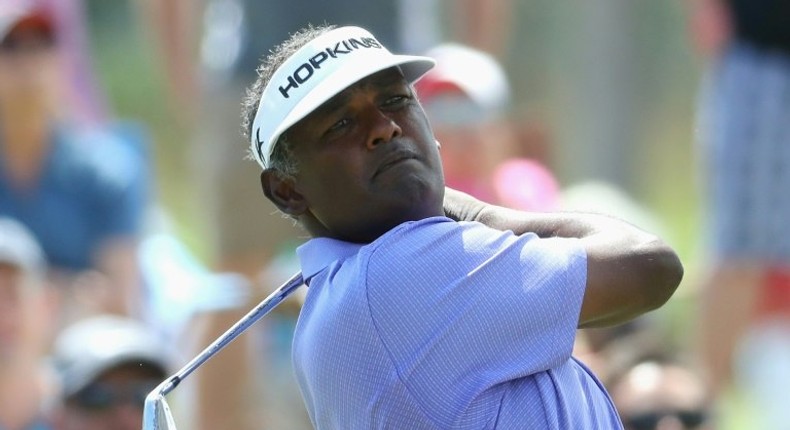 Vijay Singh of Fiji plays his shot from the third tee during the final round of THE PLAYERS Championship at the Stadium course at TPC Sawgrass on May 14, 2017 in Ponte Vedra Beach, Florida