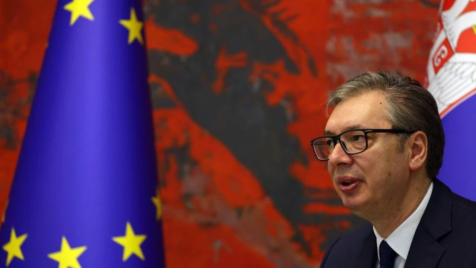Predsednik Srbije Aleksandar Vučić na konferenciji za novinare kada je ugostio Antonija Koštu, predsedavajućeg Evropskog saveta | Foto: ANDREJ CUKIC/EPA-EFE/Shutterstock